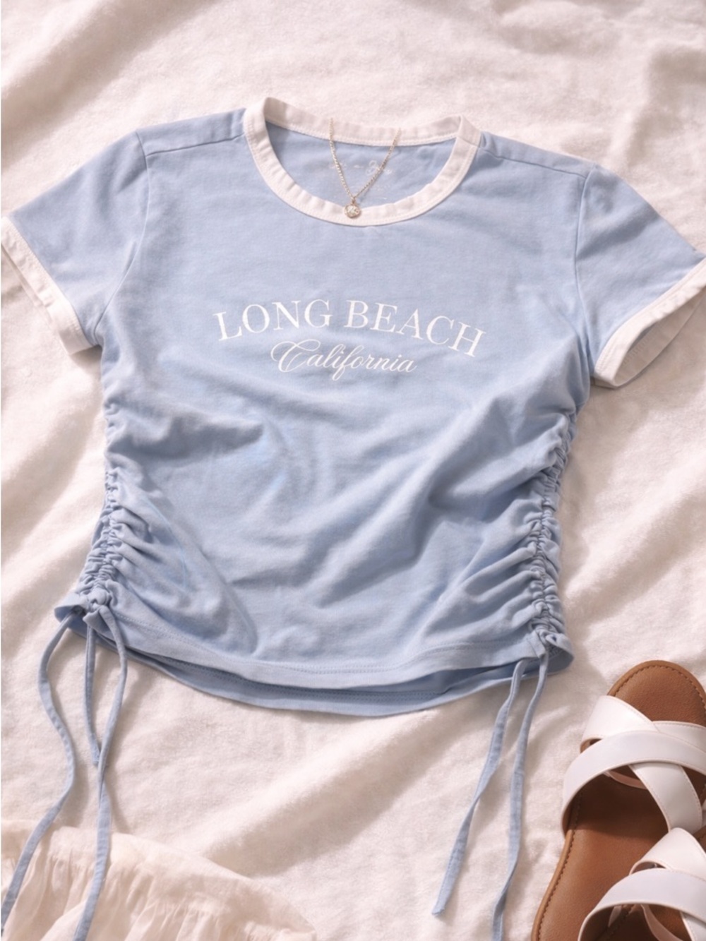 Light Blue "Long Beach California" Drawstring Crop Top